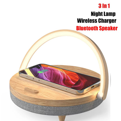 Multifuction Wireless Charger Bluetooth Speaker for Iphone 14 &15 Wooden Table Lamp High Power Charging Light Speaker Bluetooth