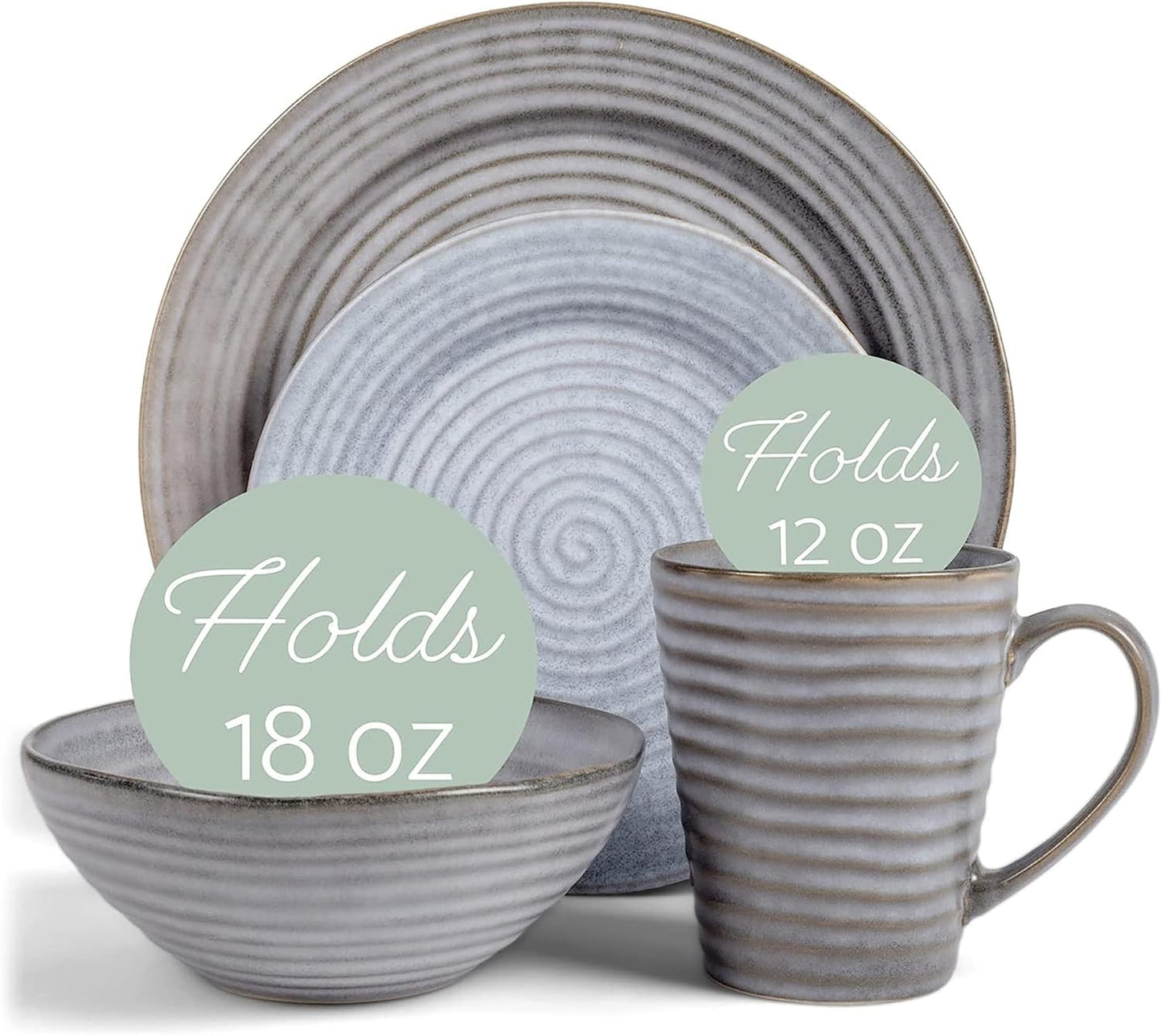 Charming Chic Ribbed Modern Thrown Pottery Look Ceramic Stoneware Plate Platter Mug & Bowl Kitchen Dish Dinnerware 16 Piece Set - Service for 4, Slate Grey