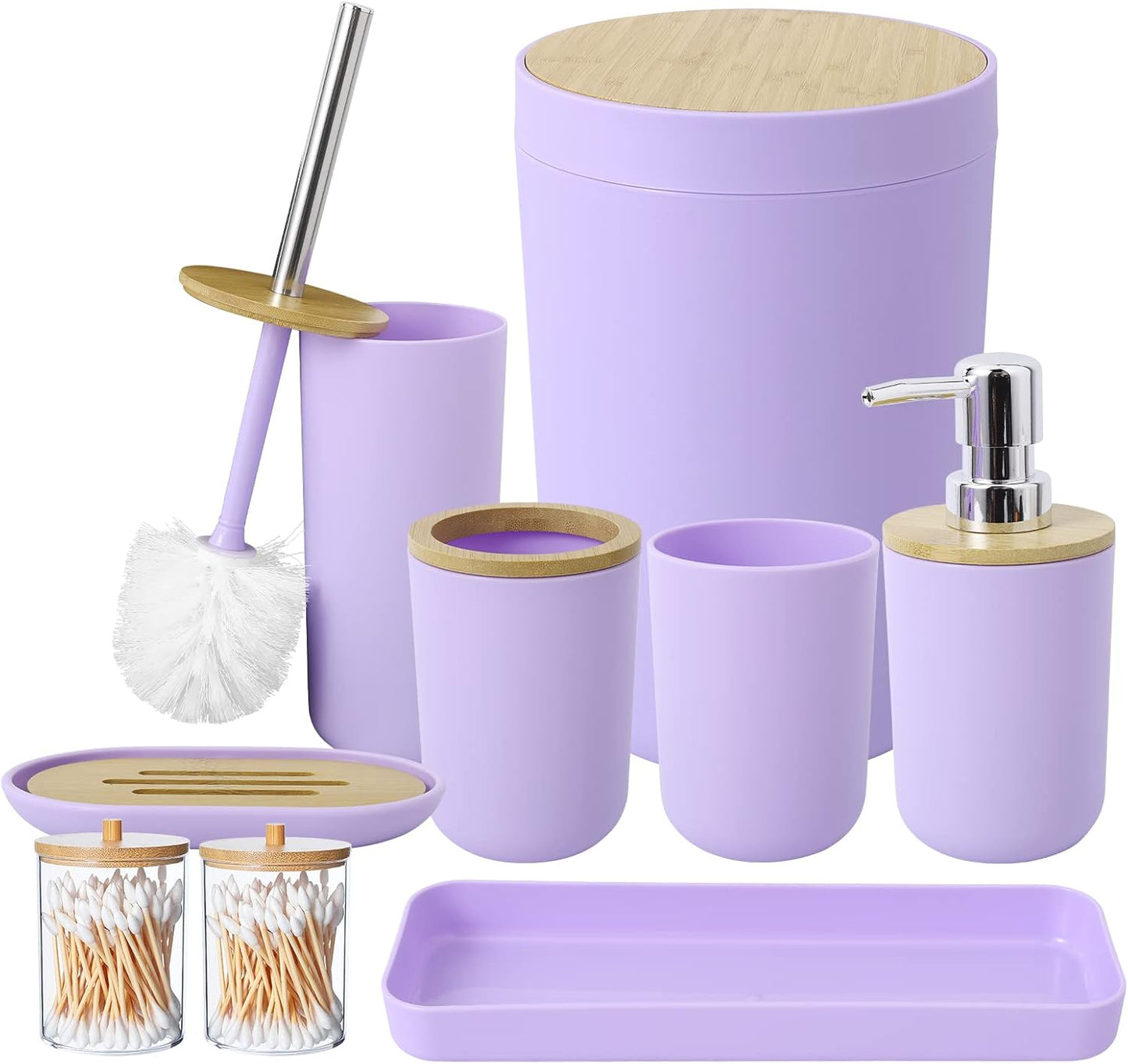 Bathroom Accessories Set with Trash Can,Toilet Brush,Toothbrush Holder, Lotion Soap Dispenser, Soap Dish,Toothbrush Cup,Qtip Holder(8Pcs White Wood Cover)