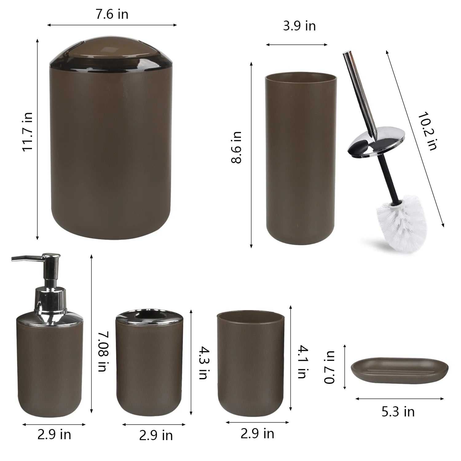 Bathroom Accessories Set 6 Pcs Bathroom Set Ensemble (Complete With Soap Dispenser, Toothbrush Holder, Tumbler, Soap Dish, Toilet Cleaning Brush, Trash Can) Brown