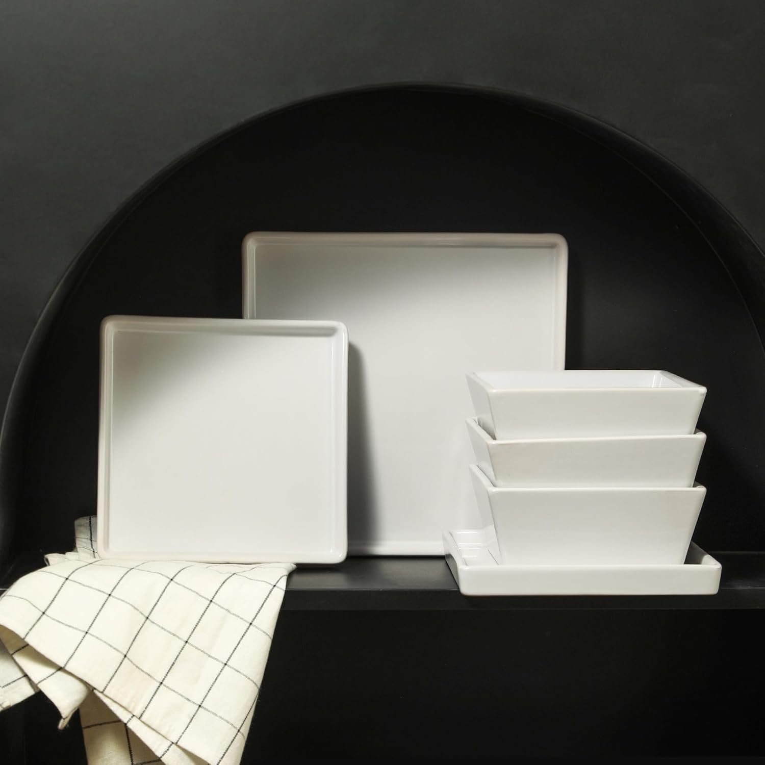 Grace Square Stoneware Dinnerware Set, 12 Piece Service for 4, Plates and Bowls Dish Set, White