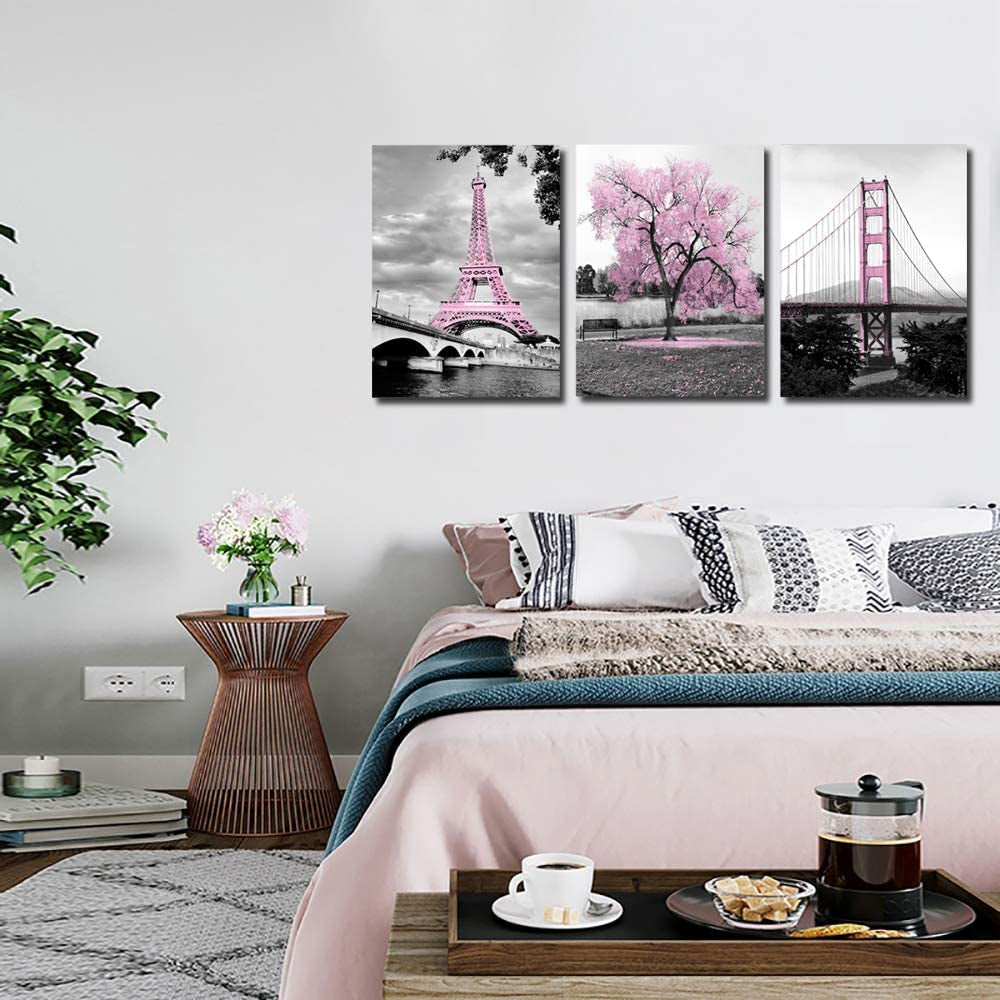 Wall Art for Bedroom Pink Tree Paris Eiffel Tower Golden Gate Bridge Romantic Black and White City Pictures Prints on Canvas