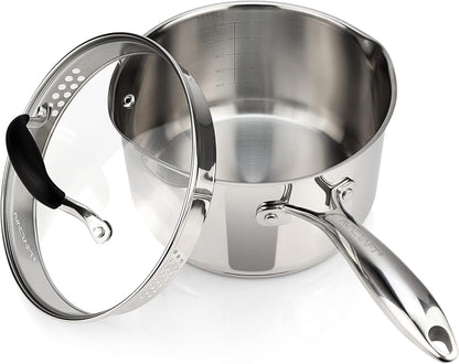 Tri-Ply Stainless Steel Saucepan with Glass Strainer Lid, Two Side Spouts, Multipurpose Sauce Pan with Lid, Sauce Pot, Cooking Pot (Tri-Ply Full Body, 3.5 Quart)