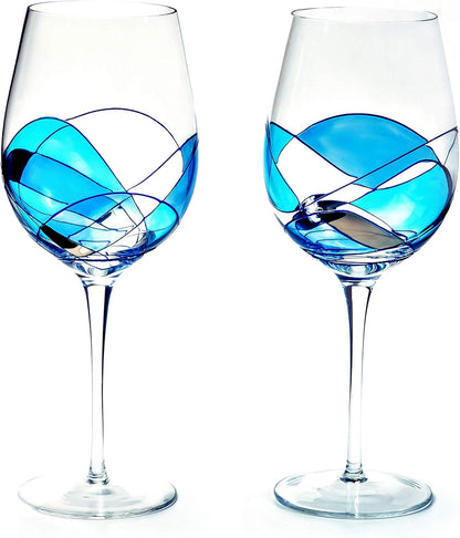 29oz. Large Wine Glasses, Handmade Mouth Blown Sagrada, Stained Glass Art Set 2, Blue