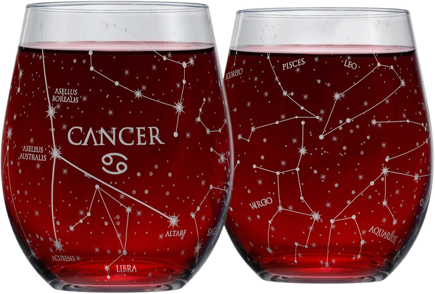 Libra Stemless Wine Glasses Zodiac Libra Set Hand Etched 15 Oz (Set of 2) - Astrology Sign Glassware