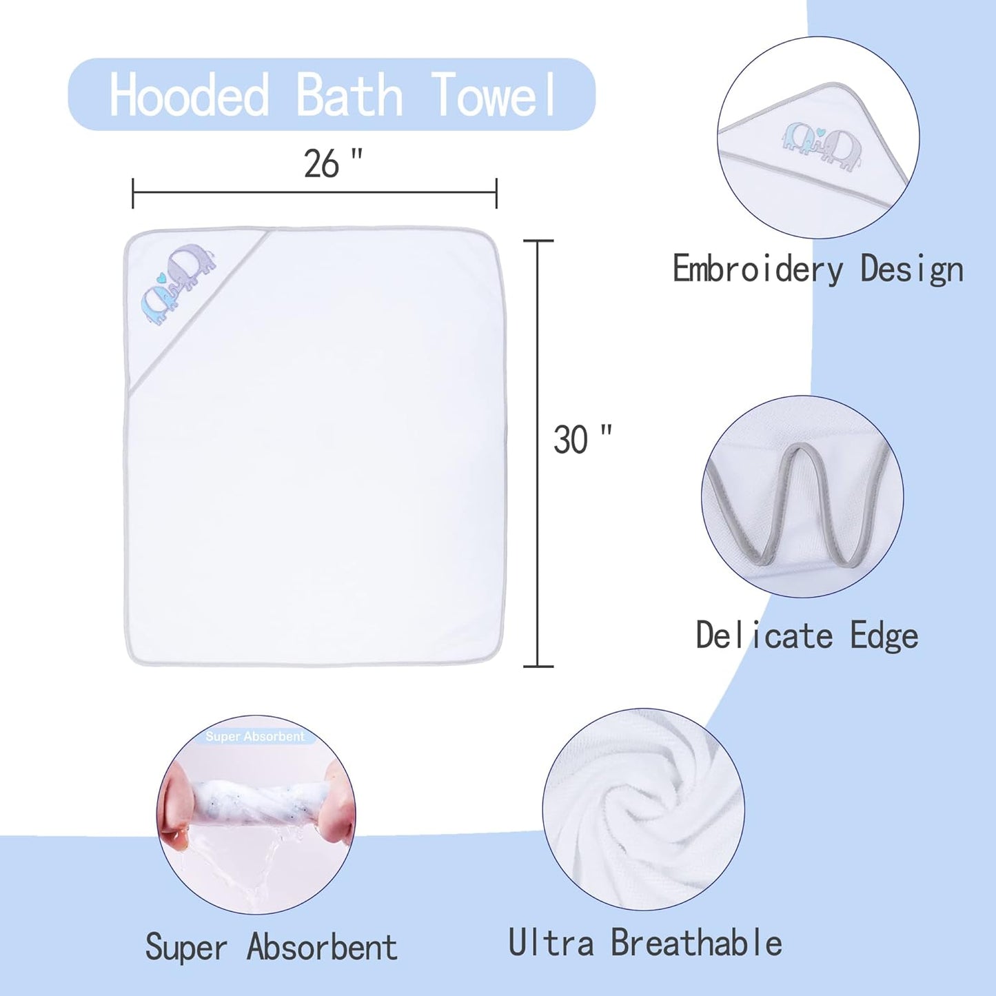 Soft Absorbent Baby Bath Towel Set- Elephant Hooded Towels with 5 Infant Face Washcloths (6 Pieces)