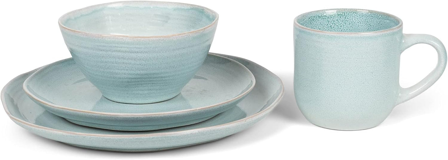 Reactive Glaze Farmhouse Rustic Boho Ceramic Stoneware Dinnerware 16 Piece Plate Bowl Mug Dish Set - Service for 4, Ice Blue