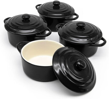 Ceramic Mini Cocotte Set, Small Casserole Dishes with Lids and Handles, Individual Baking Ramekins, Oven, Microwave & Dishwasher Safe, Stoneware, 12 Oz, Set of 4 (Black)