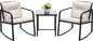 3 Piece Rocking Bistro Set Wicker Patio Outdoor Furniture Porch Chairs Conversation Sets with Glass Coffee Table (Beige)