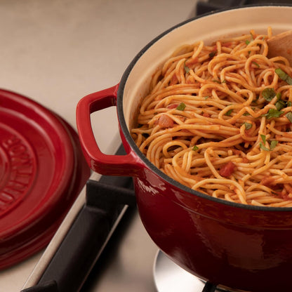 Pre-Seasoned Enameled Cast Iron Dutch Oven with Lid and Handle - 5.2 Quart Heavy Duty Casserole Dish for Cooking, Baking, and Braising - Oven Safe, Durable, round Cast Iron Cooking Pot - Red