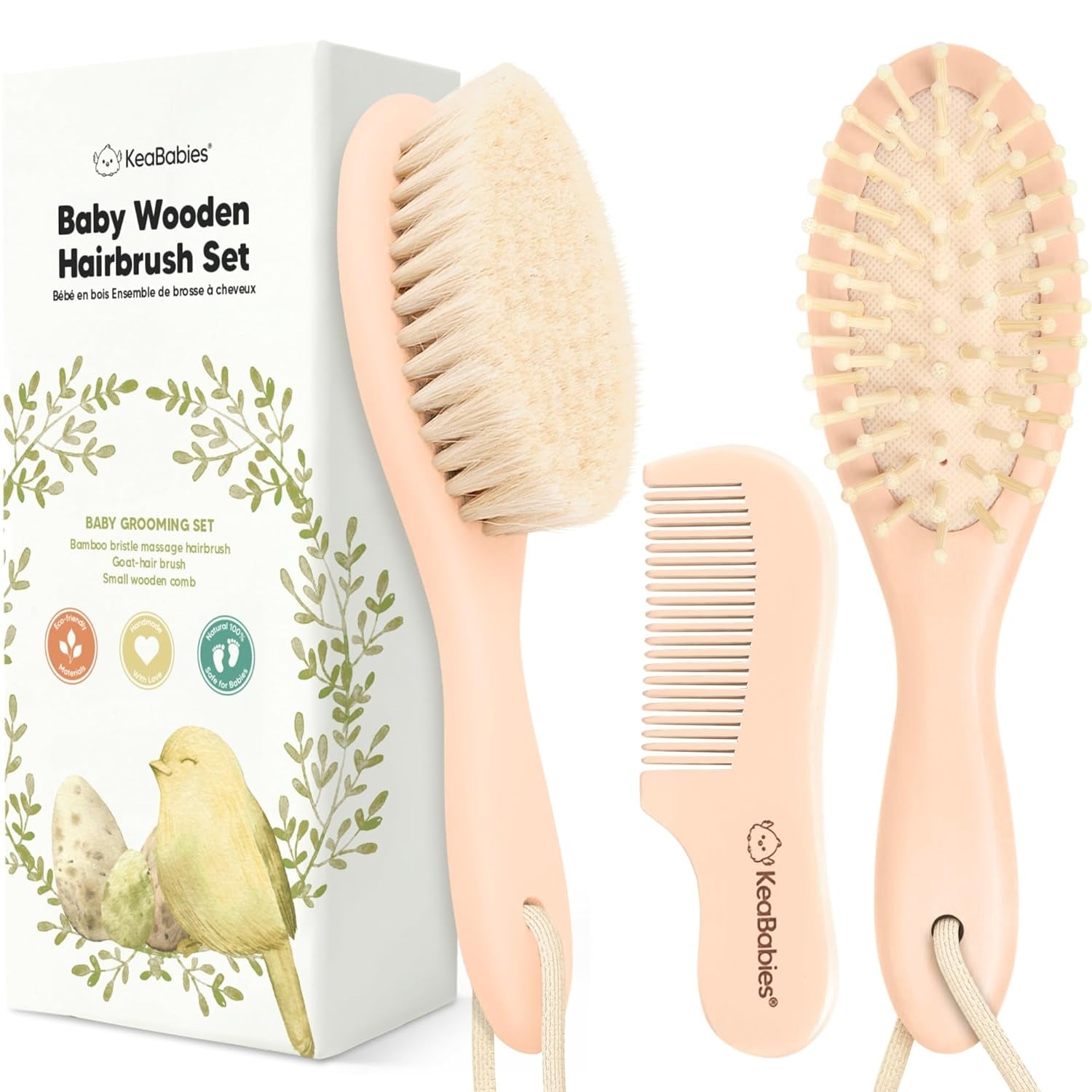 Baby Hair Brush and Comb Set for Newborn - Wooden Baby Hair Brush With Goat Bristles  and Comb Set Girl/ Boy, Toddler Cradle Cap Brush (Oval, Walnut)