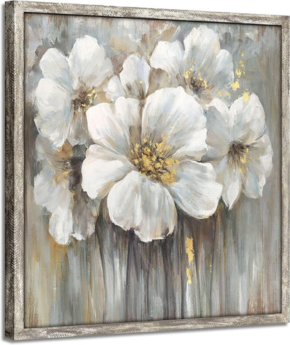 Large Flower Canvas Wall Art - Abstract Floral Painting White Blooming Floral Pictures Artwork