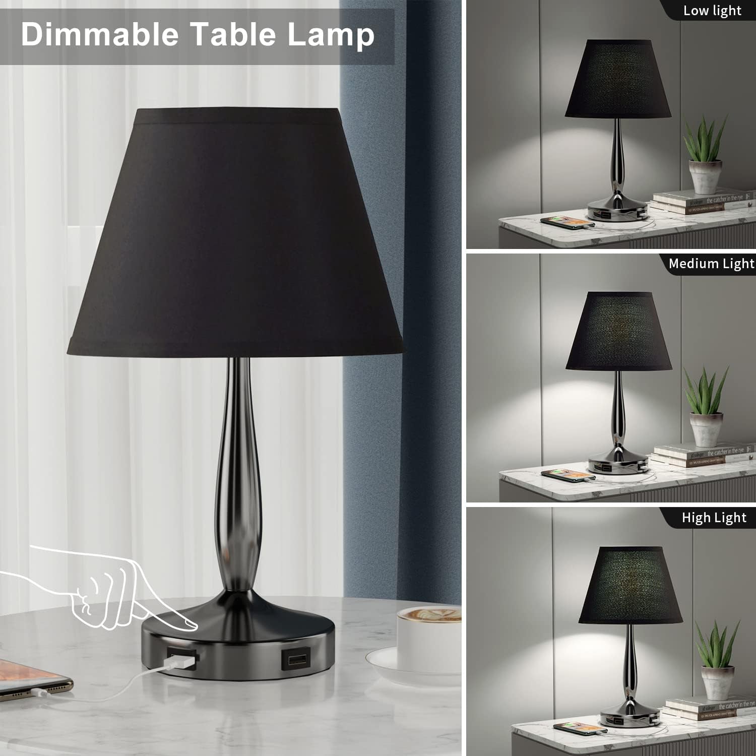 3-Way Dimmable Bedside Touch Lamps, Small Nightstand Lamps with USB Ports with Metal Base