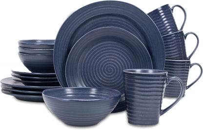 Charming Chic Ribbed Modern Thrown Pottery Look Ceramic Stoneware Plate Platter Mug & Bowl Kitchen Dish Dinnerware 16 Piece Set - Service for 4, Slate Grey