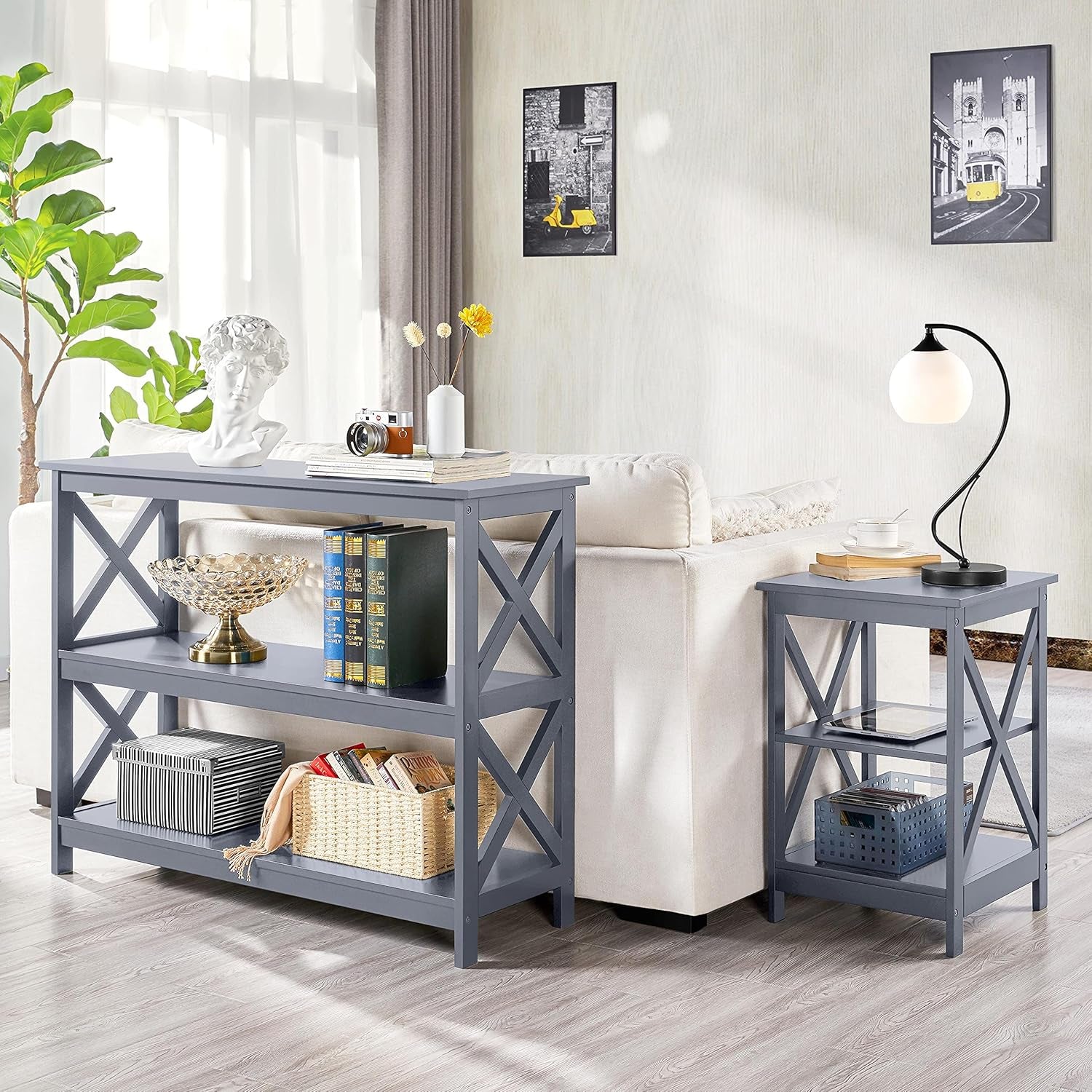 Console Table with 3 Storage Shelves, Entryway Table- Gray