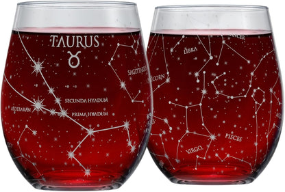 Libra Stemless Wine Glasses Zodiac Libra Set Hand Etched 15 Oz (Set of 2) - Astrology Sign Glassware