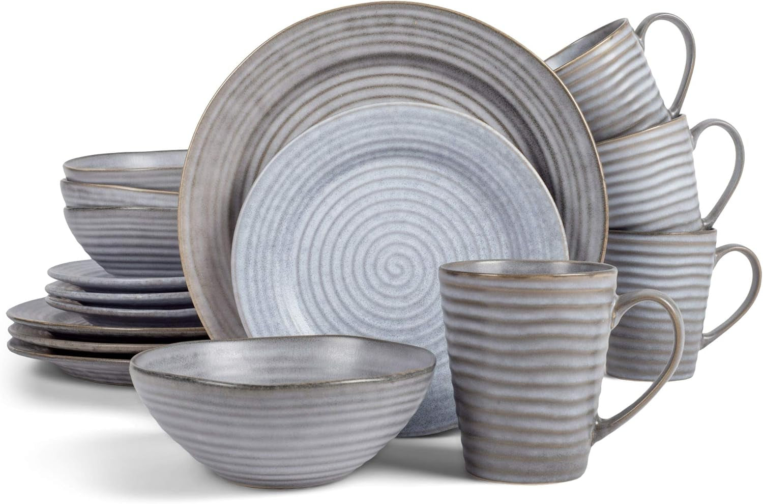 Charming Chic Ribbed Modern Thrown Pottery Look Ceramic Stoneware Plate Platter Mug & Bowl Kitchen Dish Dinnerware 16 Piece Set - Service for 4, Slate Grey