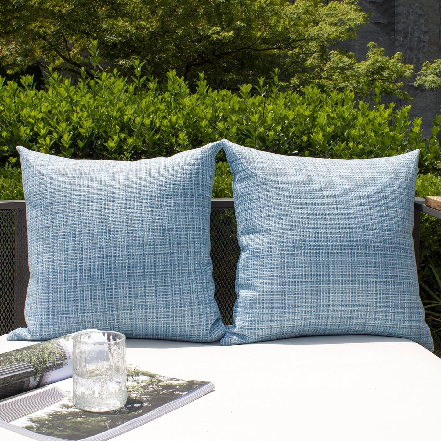 Pack of 2 Decorative Outdoor Waterproof Throw Pillow Covers Stripe Square Pillowcases Modern Cushion Cases for Patio Couch Bench 18 X 18 Inch Teal