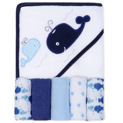 Soft Absorbent Baby Bath Towel Set- Elephant Hooded Towels with 5 Infant Face Washcloths (6 Pieces)