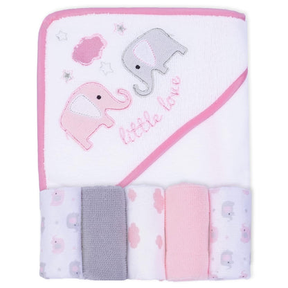 Soft Absorbent Baby Bath Towel Set- Elephant Hooded Towels with 5 Infant Face Washcloths (6 Pieces)