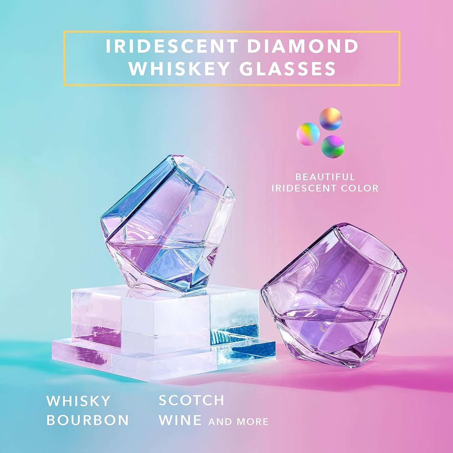 Whiskey Glasses - 10 Oz Iridescent Diamond Shaped Whiskey Glasses Set of 2 - Wine and Bourbon Glass That Naturally Aerates