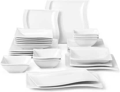 Plates and Bowls Sets, 12 Pieces Ivory White Dinnerware Sets for 4, Porcelain Dish Set with Dinner Plates, Dessert Plates and Bowls, Square Plate Dinnerware Set, Series Flora