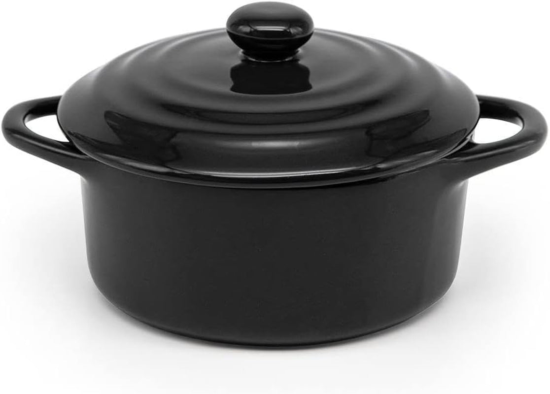 Ceramic Mini Cocotte Set, Small Casserole Dishes with Lids and Handles, Individual Baking Ramekins, Oven, Microwave & Dishwasher Safe, Stoneware, 12 Oz, Set of 4 (Black)