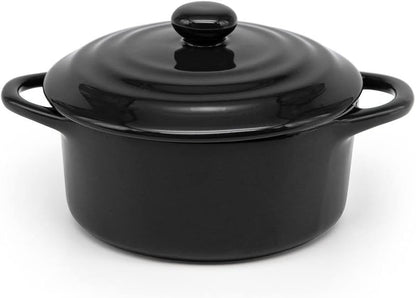 Ceramic Mini Cocotte Set, Small Casserole Dishes with Lids and Handles, Individual Baking Ramekins, Oven, Microwave & Dishwasher Safe, Stoneware, 12 Oz, Set of 4 (Black)