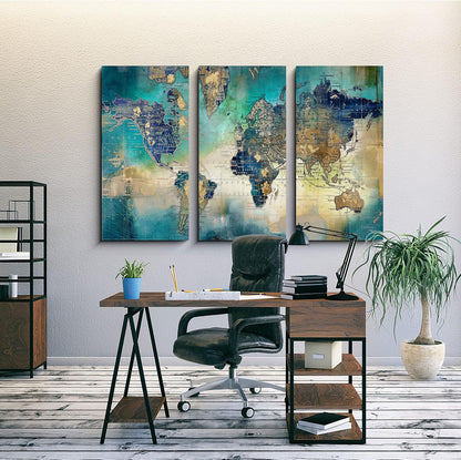  World Map Wall Decor - Large Wall Art,  Artwork- Map Wall Art 16"X32" 3 Piece Canvas Wall Art