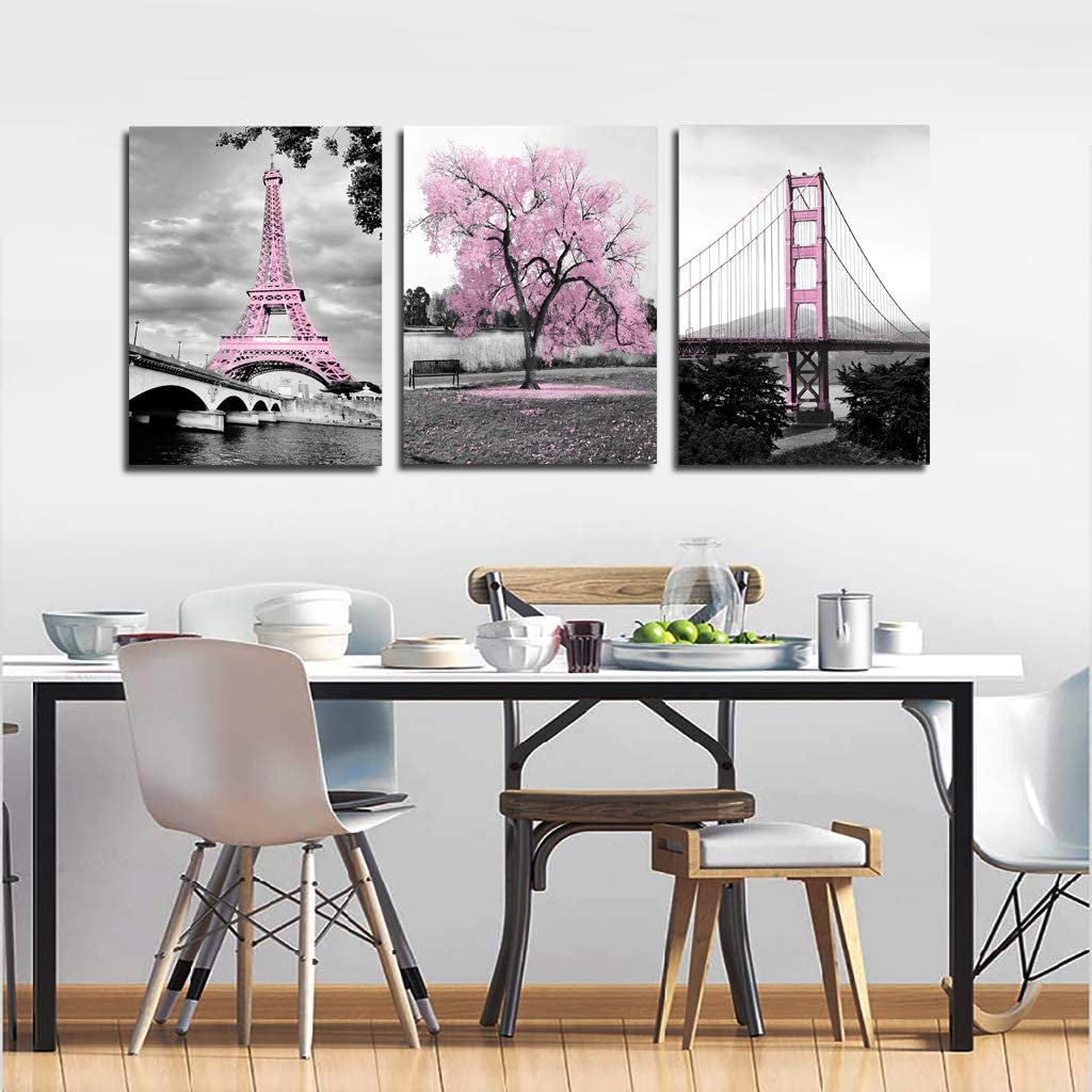 Wall Art for Bedroom Pink Tree Paris Eiffel Tower Golden Gate Bridge Romantic Black and White City Pictures Prints on Canvas