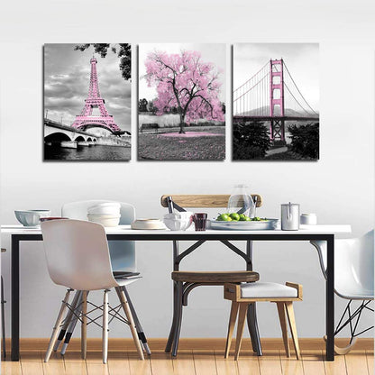 Wall Art for Bedroom Pink Tree Paris Eiffel Tower Golden Gate Bridge Romantic Black and White City Pictures Prints on Canvas