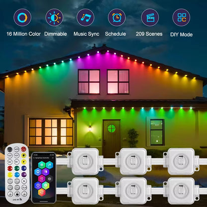 45M RGB Eaves LED Lights Permanent Outdoor Lights String APP Bluetooth Light Strip Scene Modes