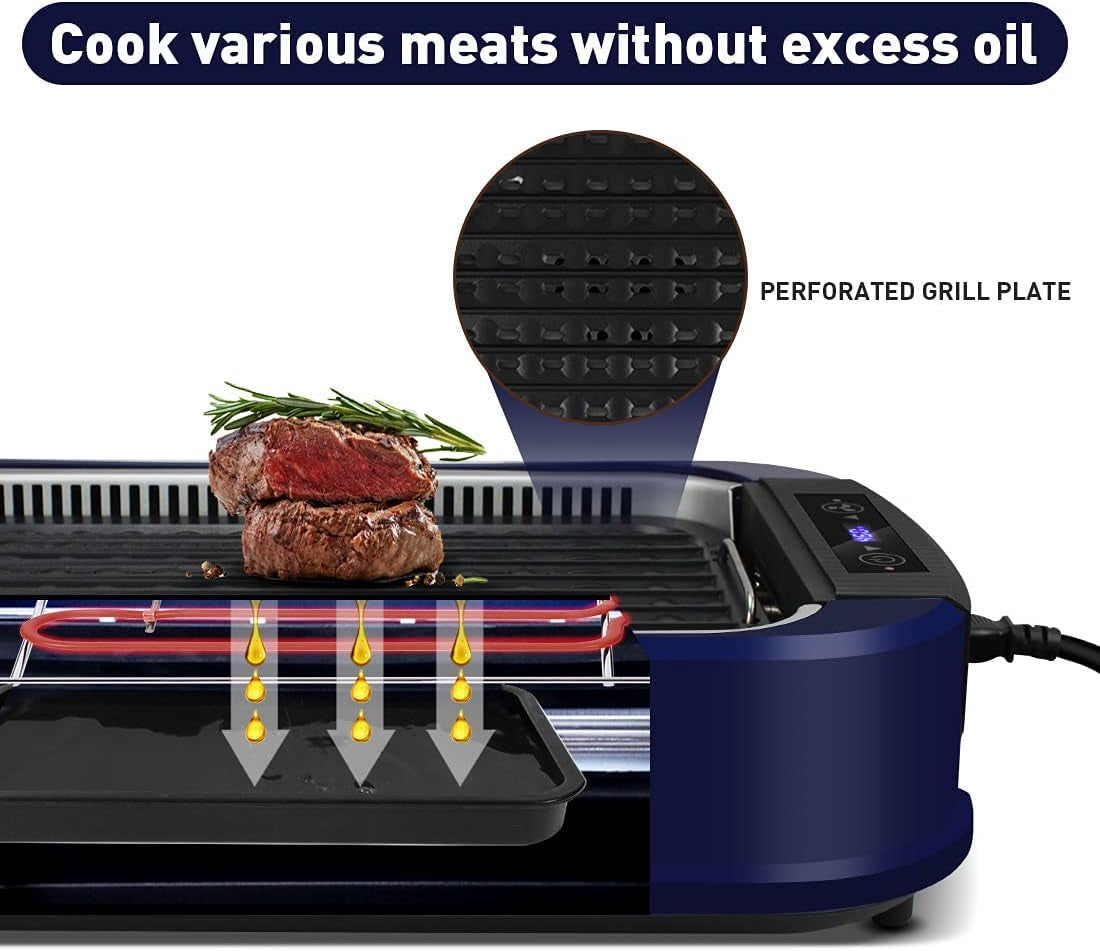 Indoor Grill Electric Grill  Smokeless Grill Portable Korean BBQ Grill with Turbo Smoke Extractor Technology, Non-Stick Removable Grill Plate, Tempered Glass Lid (Single Plate)