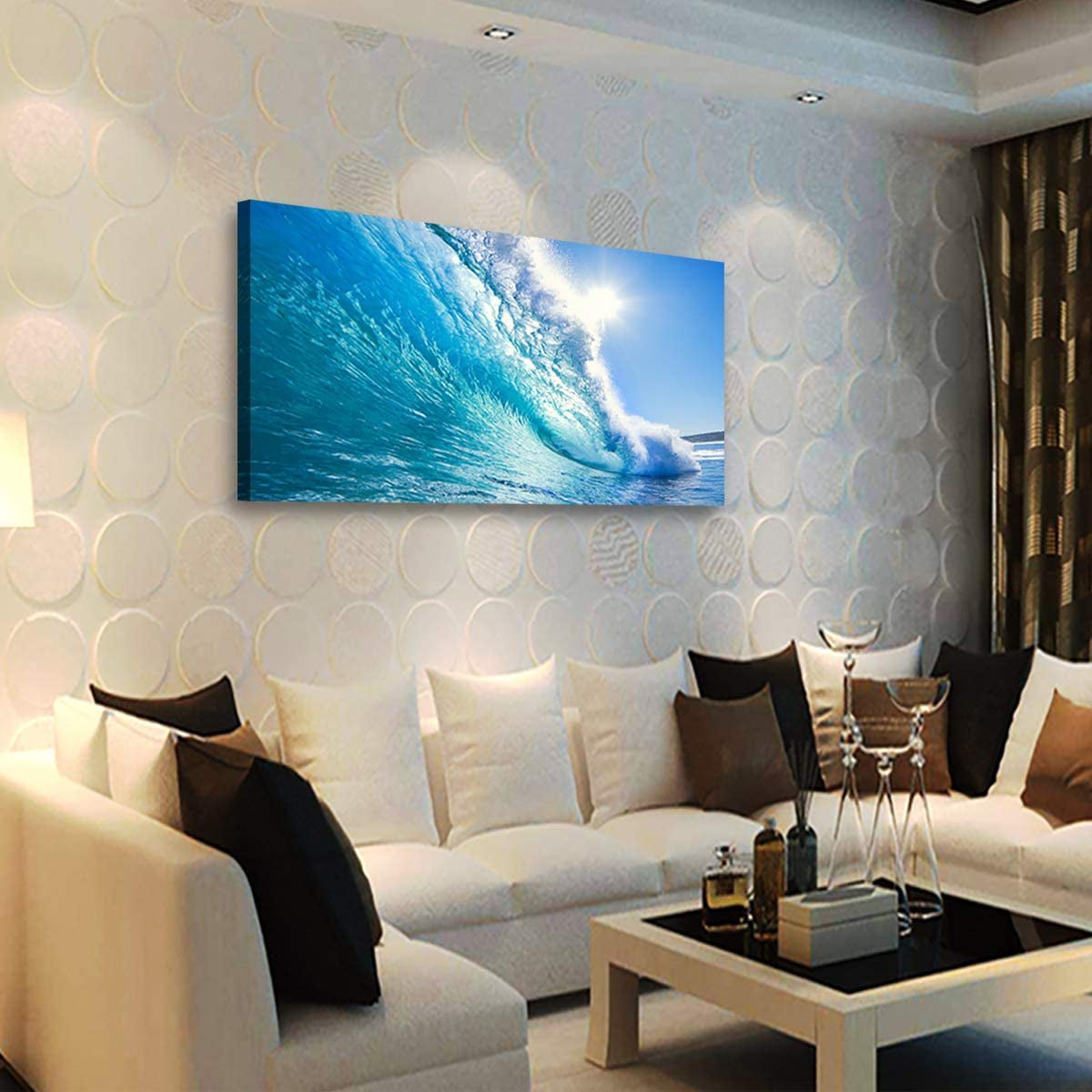 Blue Secape Canvas Prints Wall Art Blue Ocean Wave Surfing Sea Picture Paintings on Canvas, Modern Canvas Art Ready to Hang-24X48 Inches