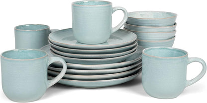 Reactive Glaze Farmhouse Rustic Boho Ceramic Stoneware Dinnerware 16 Piece Plate Bowl Mug Dish Set - Service for 4, Ice Blue