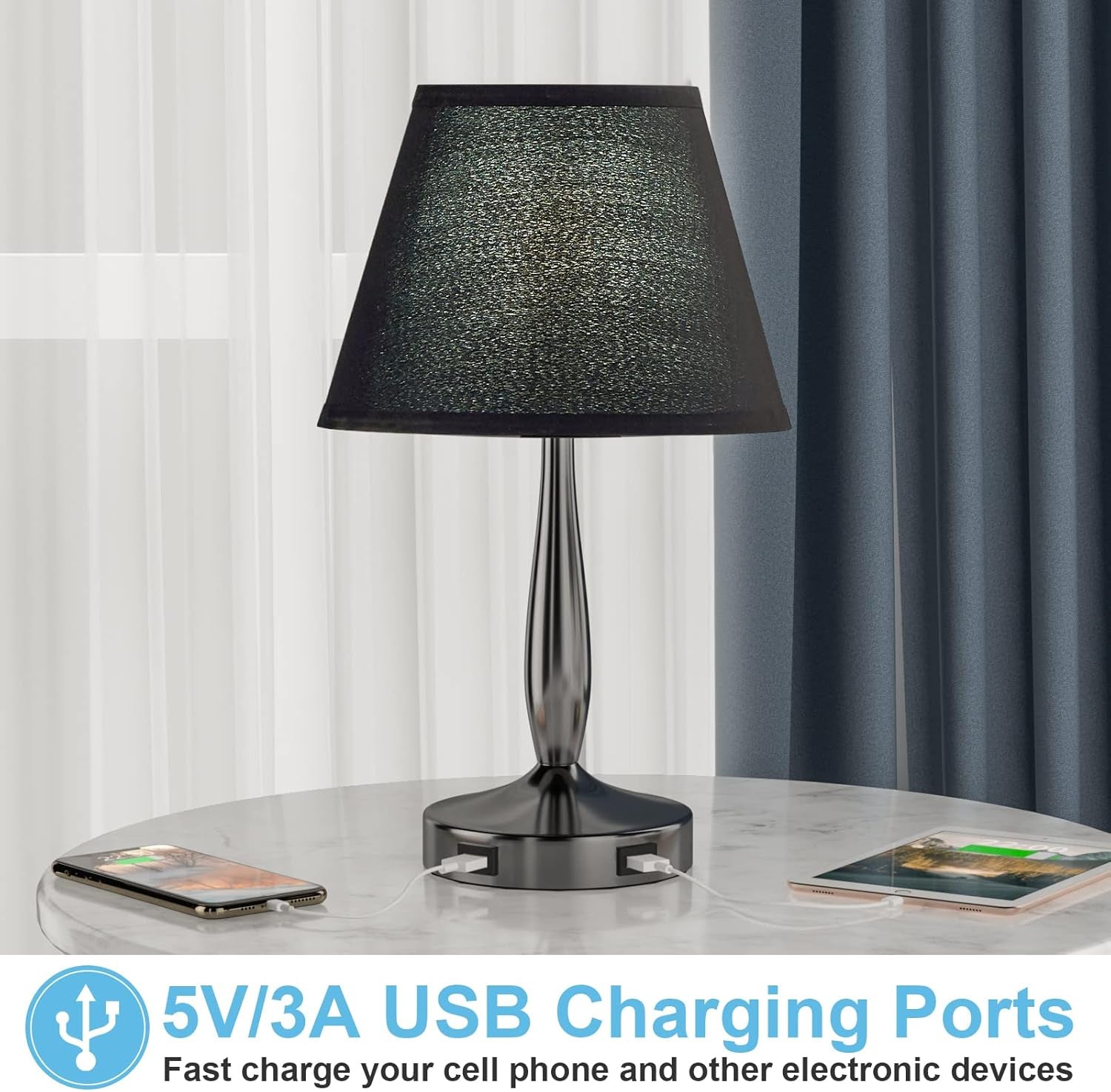 3-Way Dimmable Bedside Touch Lamps, Small Nightstand Lamps with USB Ports with Metal Base