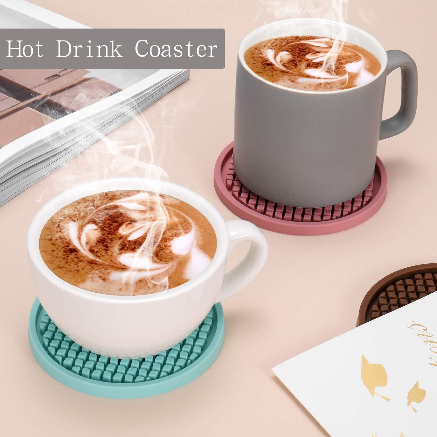 Silicone Coasters [6 Pack] Thickened Drink Coasters with Holder - Cup Mat - Non-Slip, Non-Stick, Stay Put, Deep Tray- (Gray)