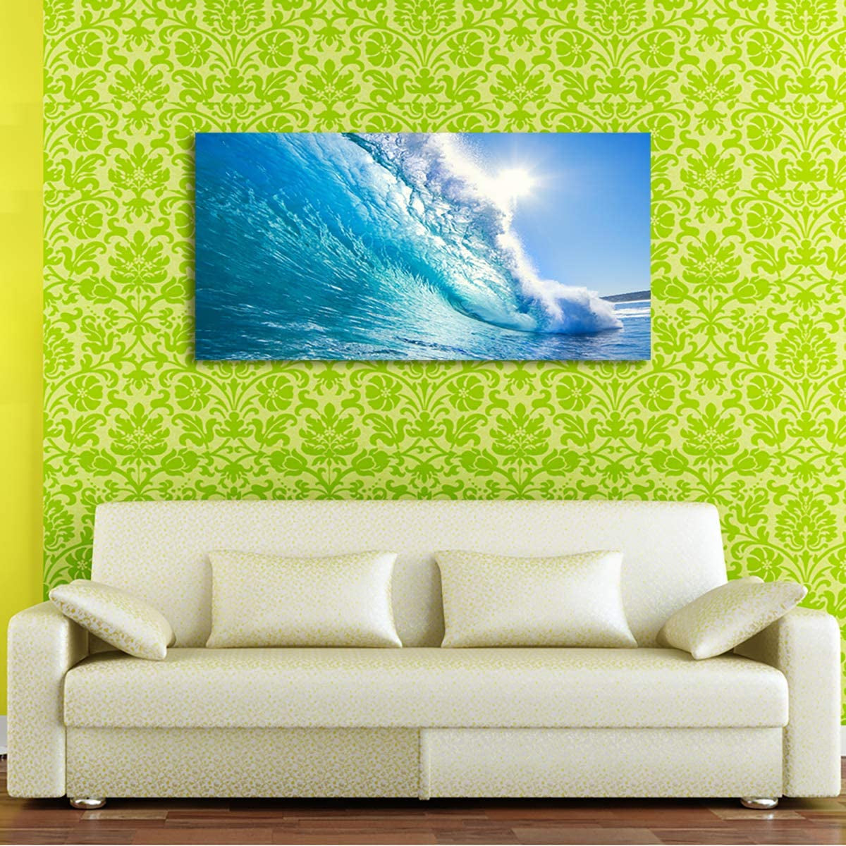 Blue Secape Canvas Prints Wall Art Blue Ocean Wave Surfing Sea Picture Paintings on Canvas, Modern Canvas Art Ready to Hang-24X48 Inches