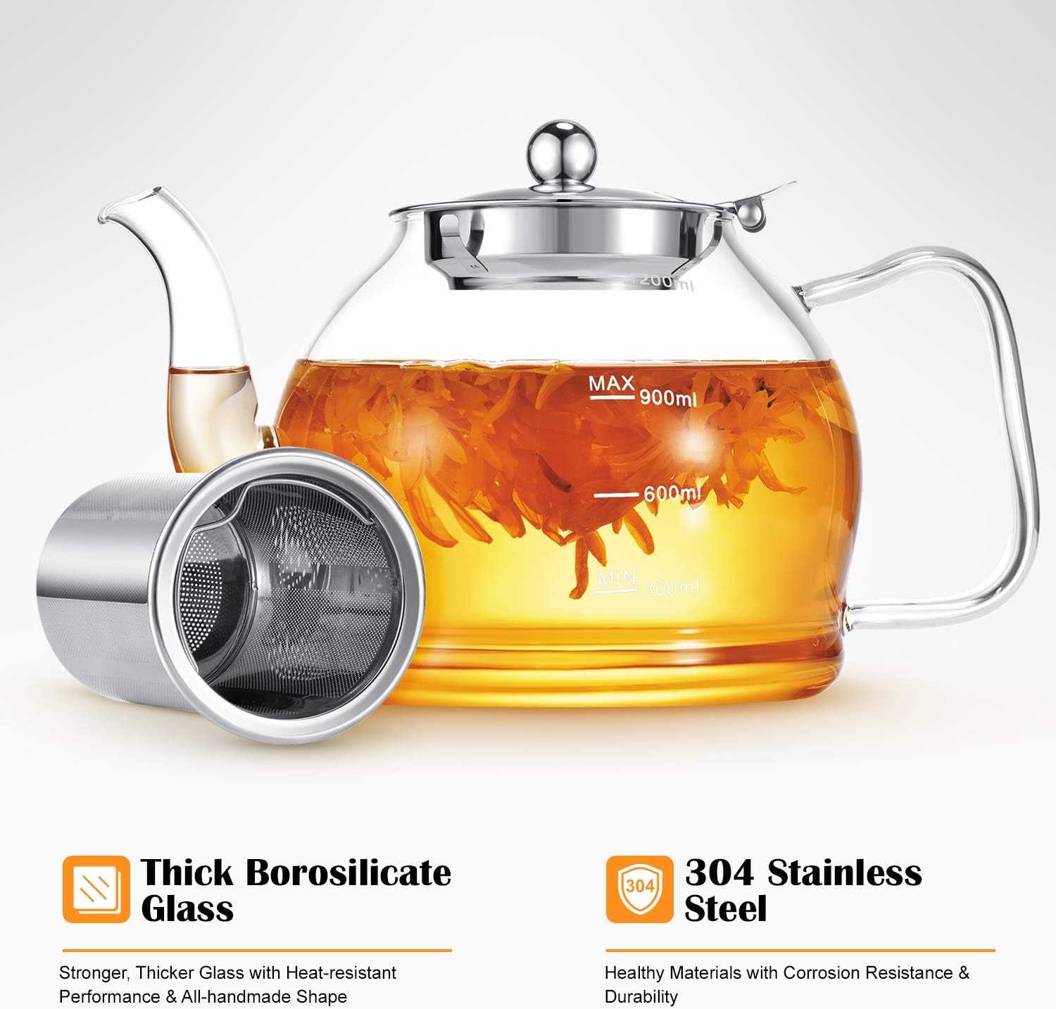 STNTUS Glass Teapot, 40 Oz. / 1200 Ml for Loose Tea, Glass Teapot with Infusers for Loose Tea, Tea Pot for Stove, Teapot with Stainless Steel Strainer, Teapot for 4-6 Cups