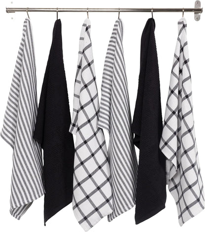 Premium Kitchen Towels (18" X 28"), Large 100% Cotton, Flat & Terry Absorbent Dish Towel Set (Black, 6 Pack)