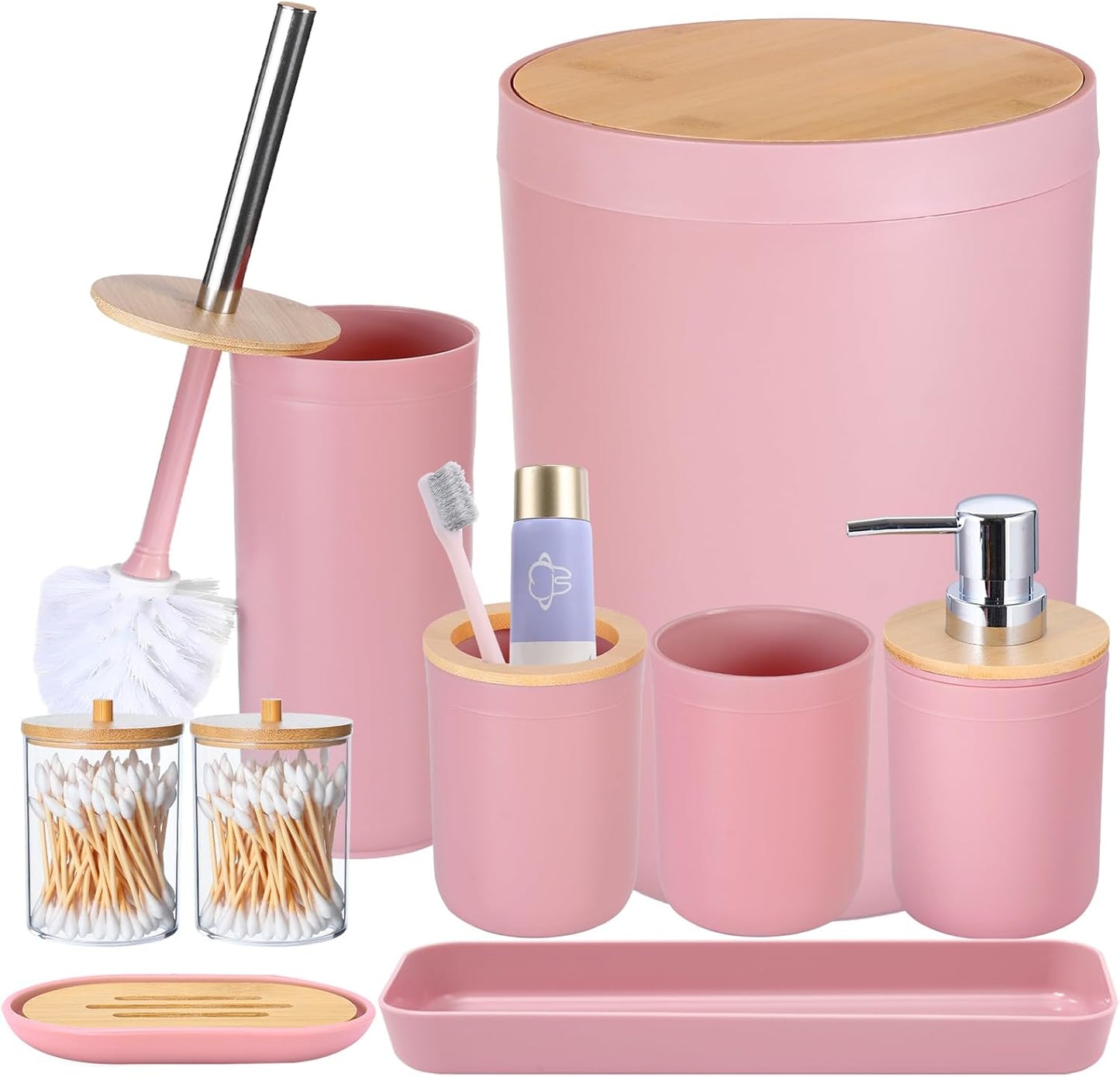 Bathroom Accessories Set with Trash Can,Toilet Brush,Toothbrush Holder, Lotion Soap Dispenser, Soap Dish,Toothbrush Cup,Qtip Holder(8Pcs White Wood Cover)