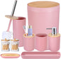 Bathroom Accessories Set with Trash Can,Toilet Brush,Toothbrush Holder, Lotion Soap Dispenser, Soap Dish,Toothbrush Cup,Qtip Holder(8Pcs White Wood Cover)