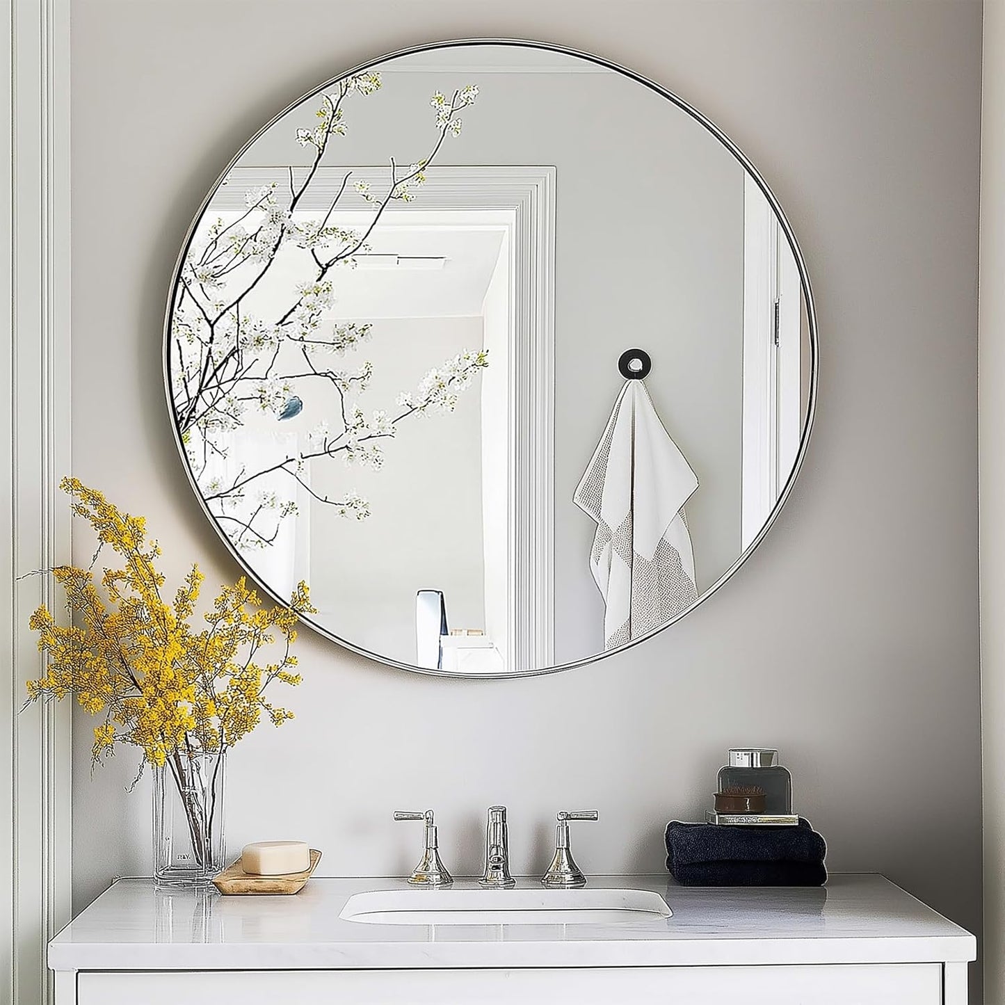 Round Mirror, Black round Mirror 24 Inch, round Wall Mirror Metal Frame, Circle Mirrors for Wall