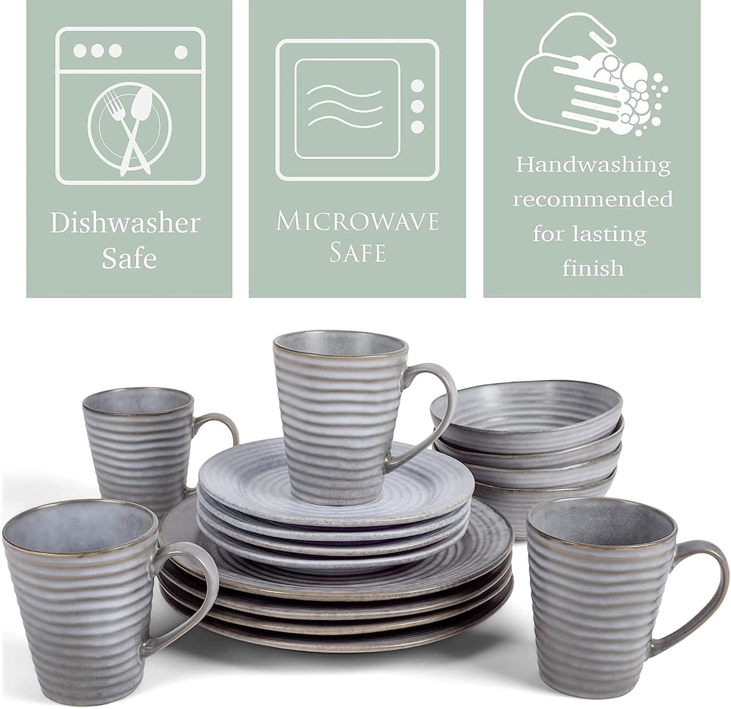 Charming Chic Ribbed Modern Thrown Pottery Look Ceramic Stoneware Plate Platter Mug & Bowl Kitchen Dish Dinnerware 16 Piece Set - Service for 4, Slate Grey