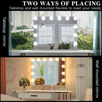 28.3X21.3 Inch Large Vanity Mirror with Lights,Light up Mirror Dressing Table Mirror with 10X Maynifying Mirror, Intelligent Touch Switch, Desktop/Wall Mounted Mirror