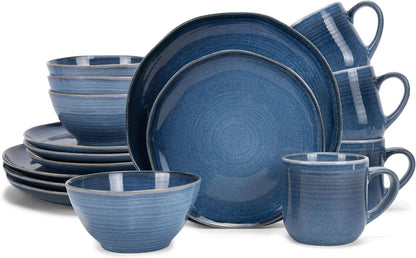 Reactive Glaze Farmhouse Rustic Boho Ceramic Stoneware Dinnerware 16 Piece Plate Bowl Mug Dish Set - Service for 4, Ice Blue