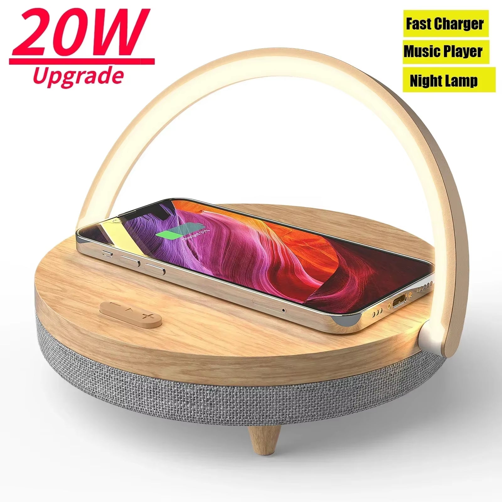 Multifuction Wireless Charger Bluetooth Speaker for Iphone 14 &15 Wooden Table Lamp High Power Charging Light Speaker Bluetooth