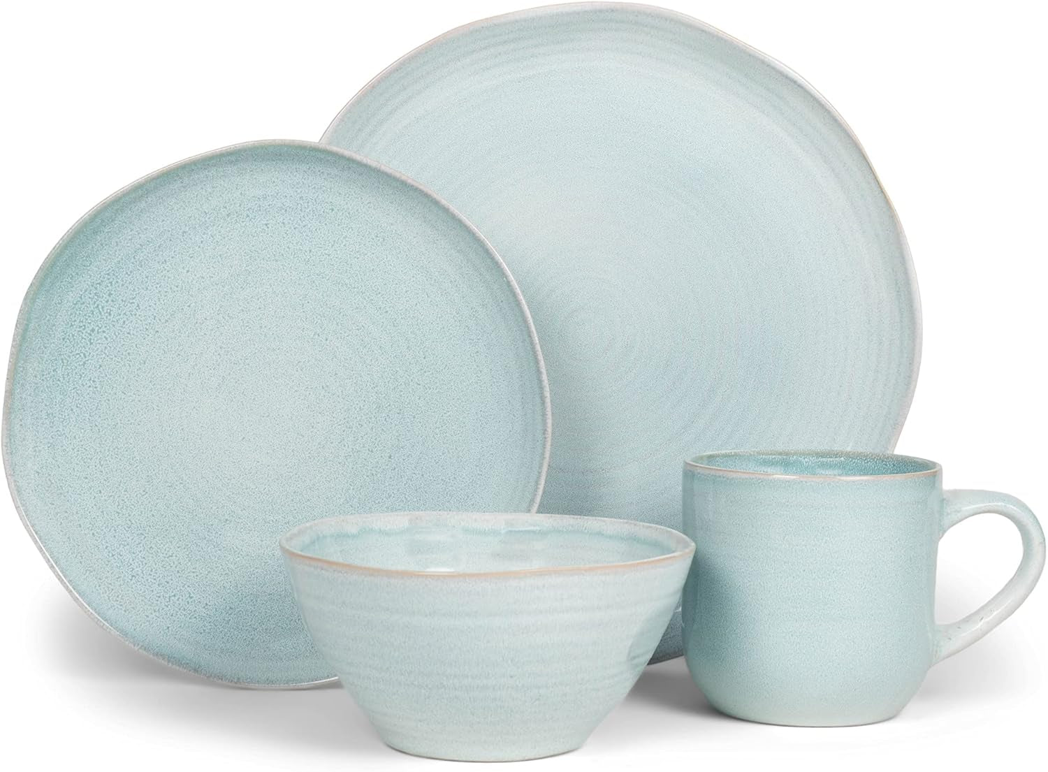 Reactive Glaze Farmhouse Rustic Boho Ceramic Stoneware Dinnerware 16 Piece Plate Bowl Mug Dish Set - Service for 4, Ice Blue