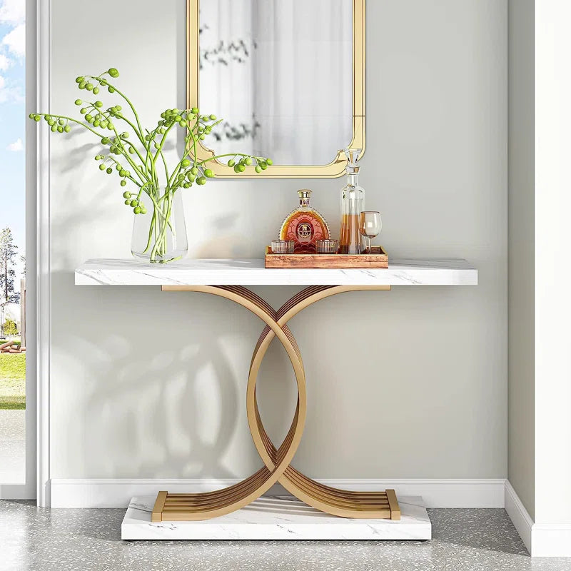 39.37'' White Faux Marble and Gold Metal Console Table Featuring C- Shaped Based