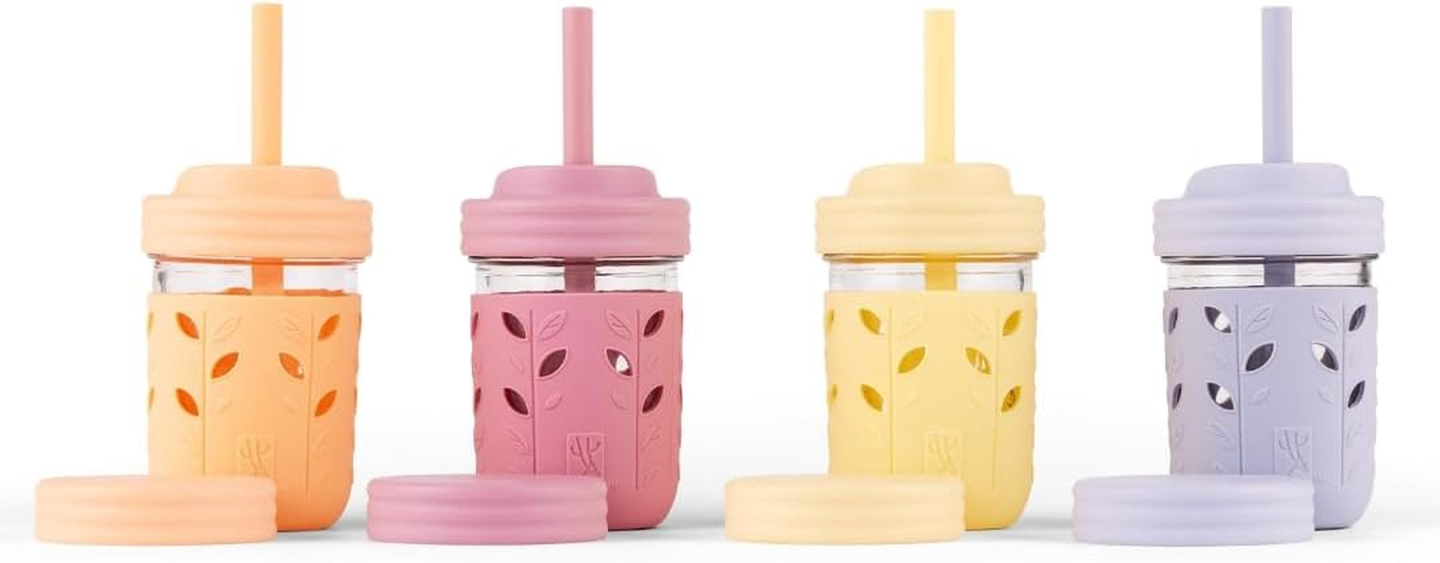 Kids & Toddler Cups, the Original Glass Mason Jars 8 Oz with Silicone Sleeves & Silicone Straws with Stoppers, Smoothie Cups, Spill Proof Sippy Cups for Toddlers